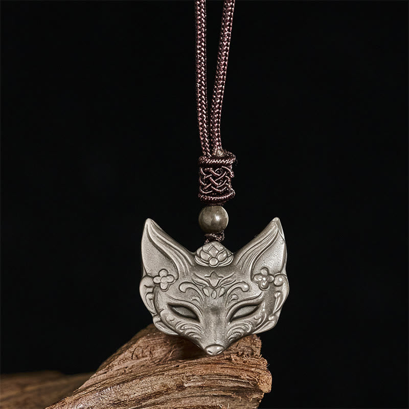 Buddha Stones Halskettinghanger met reliëf van een vos, zilverkleurige obsidiaan en ijsobsidiaan Ketting . - image 4