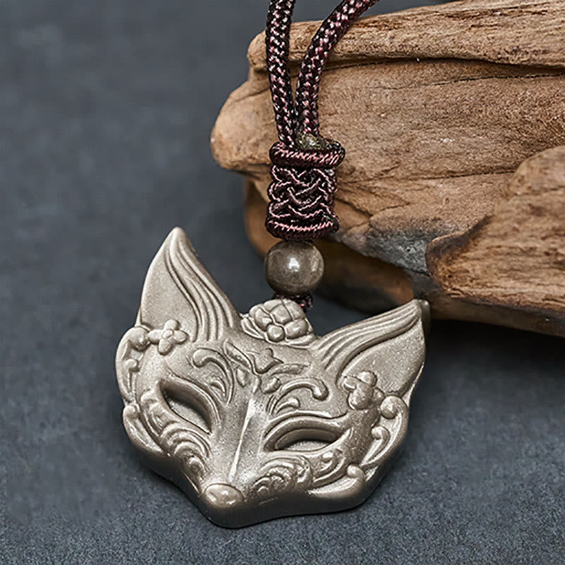 Buddha Stones Halskettinghanger met reliëf van een vos, zilverkleurige obsidiaan en ijsobsidiaan Ketting . - image 1