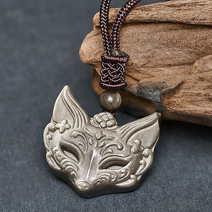 Buddha Stones Halskettinghanger met reliëf van een vos, zilverkleurige obsidiaan en ijsobsidiaan Ketting . - image 1