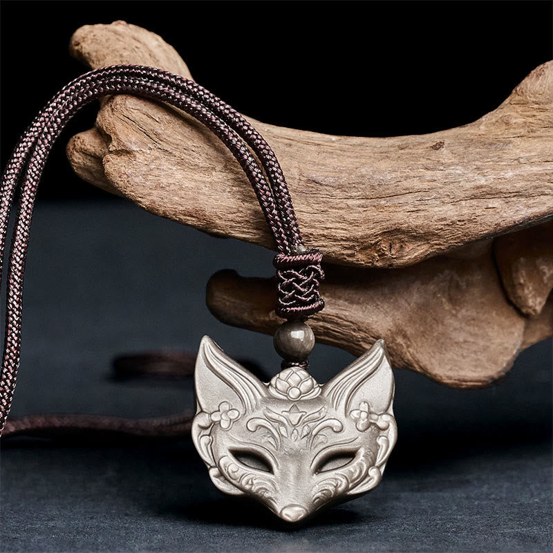 Buddha Stones Halskettinghanger met reliëf van een vos, zilverkleurige obsidiaan en ijsobsidiaan Ketting . - image 2