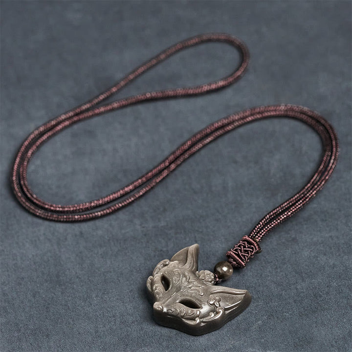 Buddha Stones Halskettinghanger met reliëf van een vos, zilverkleurige obsidiaan en ijsobsidiaan Ketting . - image 7