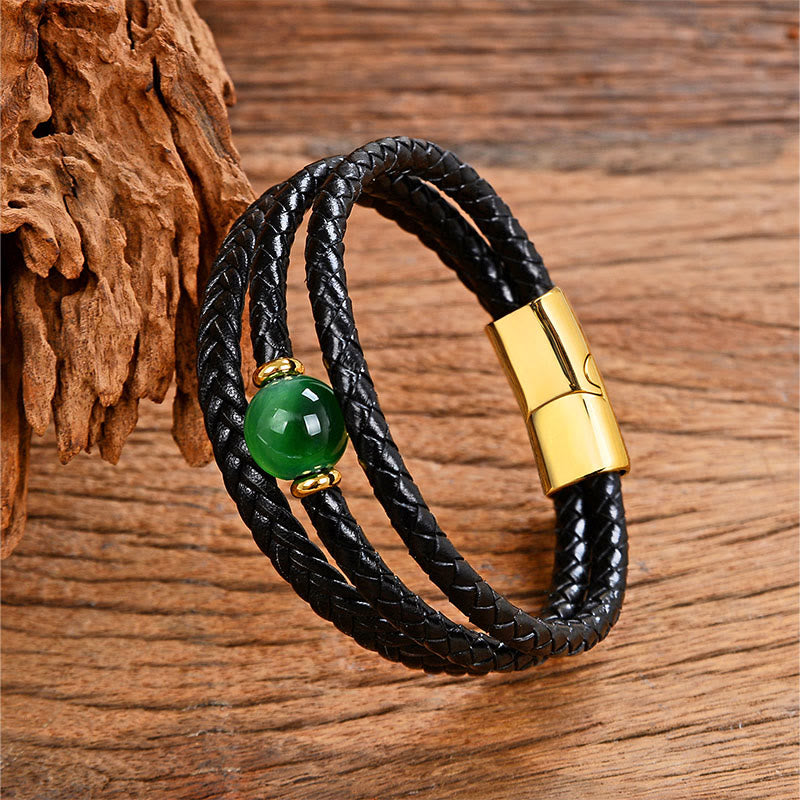 Buddha Stones Veelkleurige kralen, groene tijgeroog, amethist, gegraveerde zes ware woorden, leren Armband - Groene tijgeroog - 18-22 cm - image 0