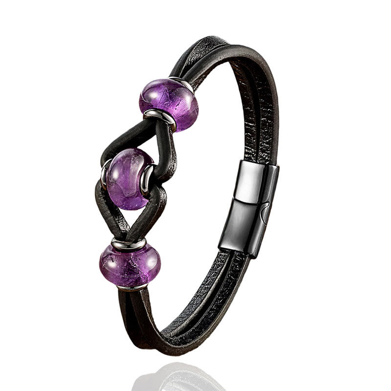 Buddha Stones Ronde Armband met dubbele leren band en amethistkristal voor stressvermindering - image 1
