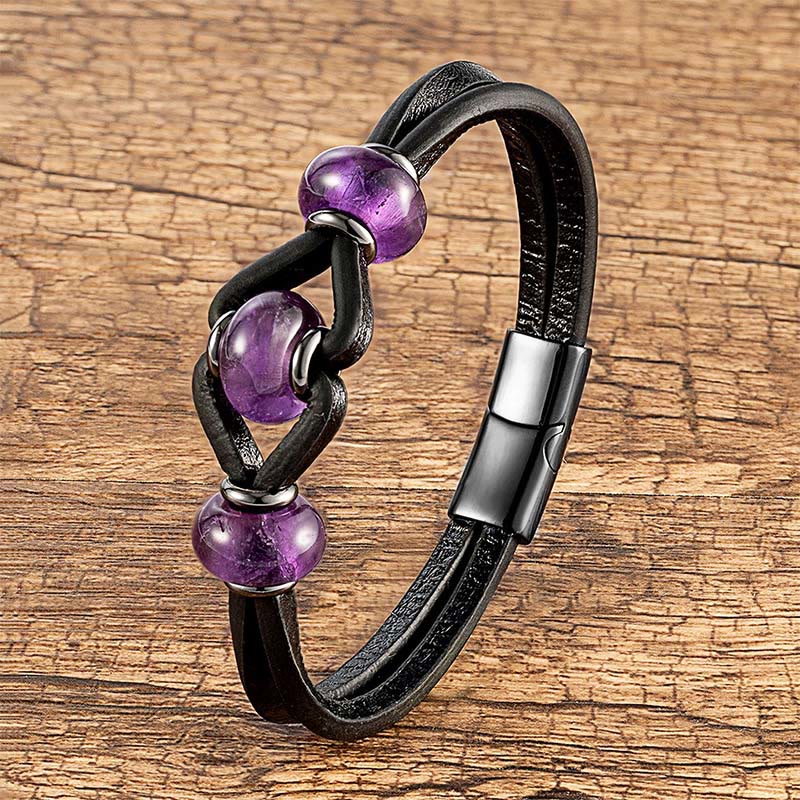 Buddha Stones Ronde Armband met dubbele leren band en amethistkristal voor stressvermindering - Amethist - 18-22 cm - image 0