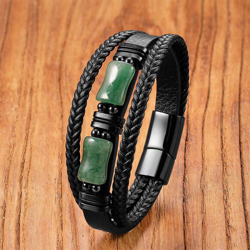 Buddha Stones Groene aventurijn, amethist, zwarte onyx, roze kristallen, Armband van gevlochten leer - Groene aventurijn - 18-22 cm - image 0