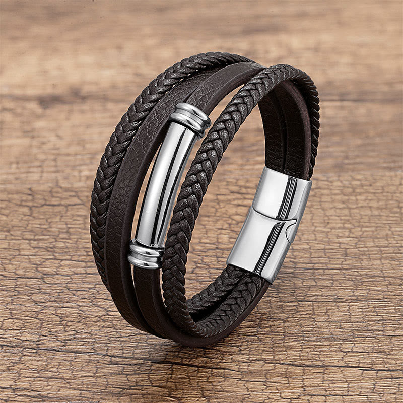 Buddha Stones Meerlaags, eenvoudig ontwerp, leren, titanium en stalen Armband - Zilver - 18-22 cm - image 3