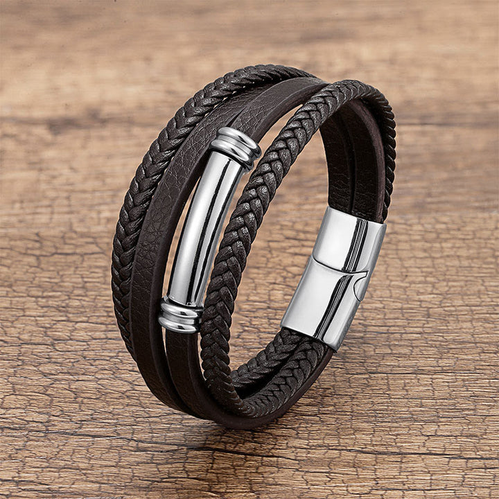 Buddha Stones Meerlaags, eenvoudig ontwerp, leren, titanium en stalen Armband - Zilver - 18-22 cm - image 3