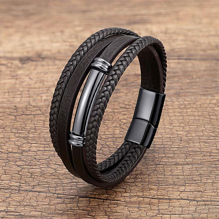 Buddha Stones Meerlaags, eenvoudig ontwerp, leren, titanium en stalen Armband - Zwart - 18-22 cm - image 0