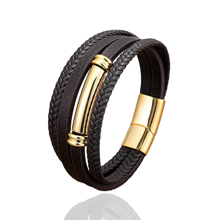 Buddha Stones Meerlaags, eenvoudig ontwerp, leren, titanium en stalen Armband - image 5