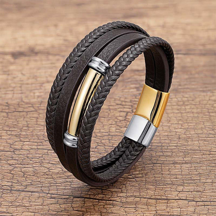 Buddha Stones Meerlaags, eenvoudig ontwerp, leren, titanium en stalen Armband - Goud &amp; Zilver - 18-22 cm - image 8