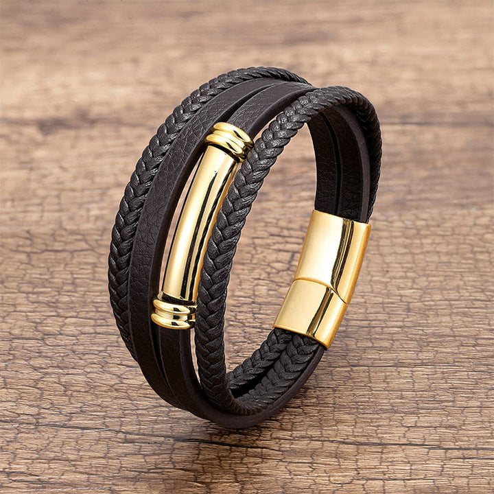 Buddha Stones Meerlaags, eenvoudig ontwerp, leren, titanium en stalen Armband - Goud - 18-22 cm - image 4