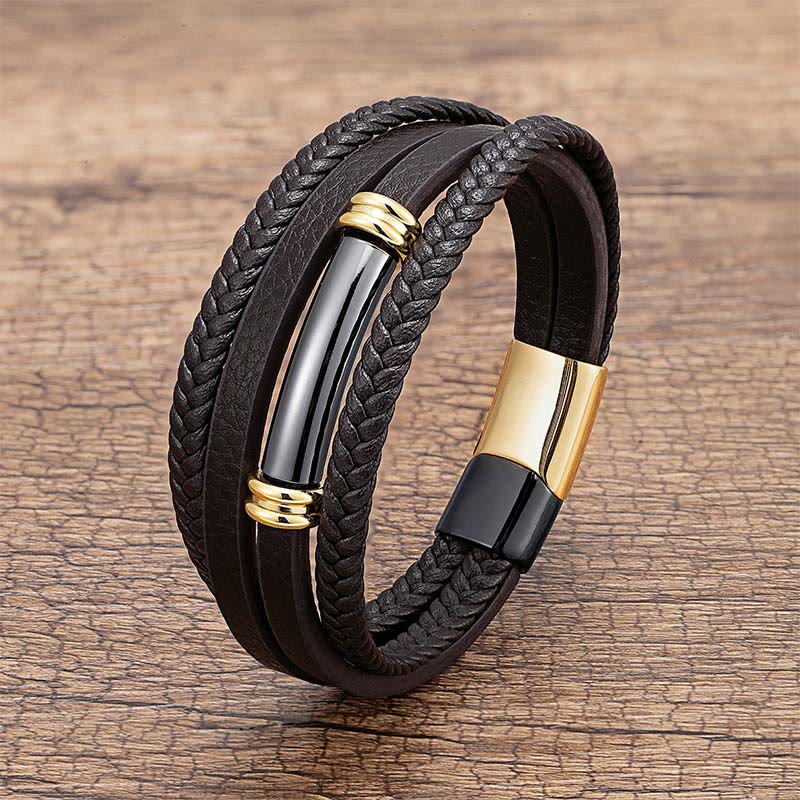 Buddha Stones Meerlaags, eenvoudig ontwerp, leren, titanium en stalen Armband - Zwart &amp; Goud - 18-22 cm - image 6