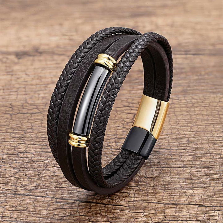 Buddha Stones Meerlaags, eenvoudig ontwerp, leren, titanium en stalen Armband - Zwart &amp; Goud - 18-22 cm - image 6