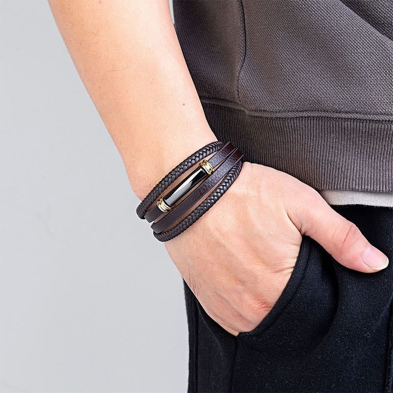 Buddha Stones Meerlaags, eenvoudig ontwerp, leren, titanium en stalen Armband - image 7