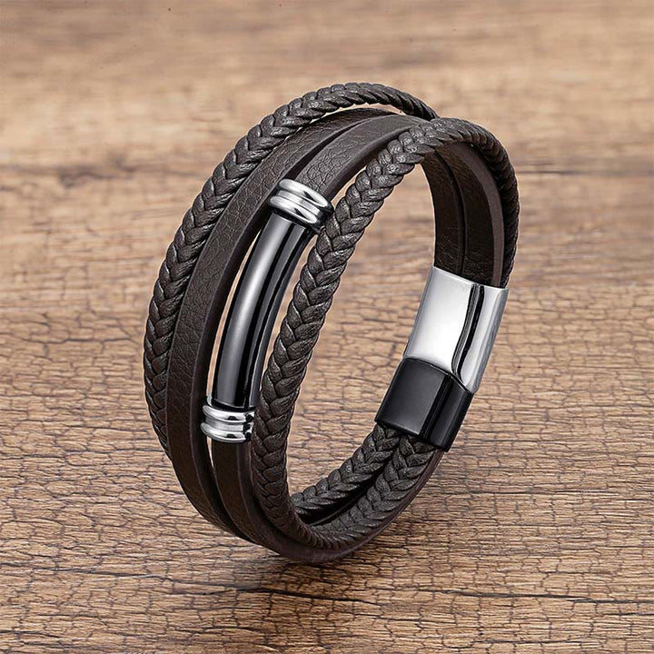 Buddha Stones Meerlaags, eenvoudig ontwerp, leren, titanium en stalen Armband - Zwart &amp; Zilver - 18-22 cm - image 9