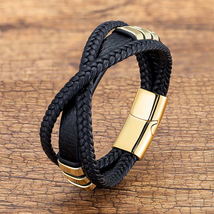 Buddha Stones Armband van leer met meerlaags kruisgeweven design, titanium en staal. - Goud - 18-22 cm - image 5