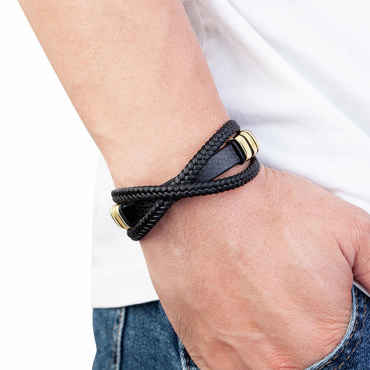 Buddha Stones Armband van leer met meerlaags kruisgeweven design, titanium en staal. - image 6