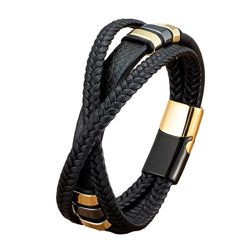 Buddha Stones Armband van leer met meerlaags kruisgeweven design, titanium en staal. - image 4