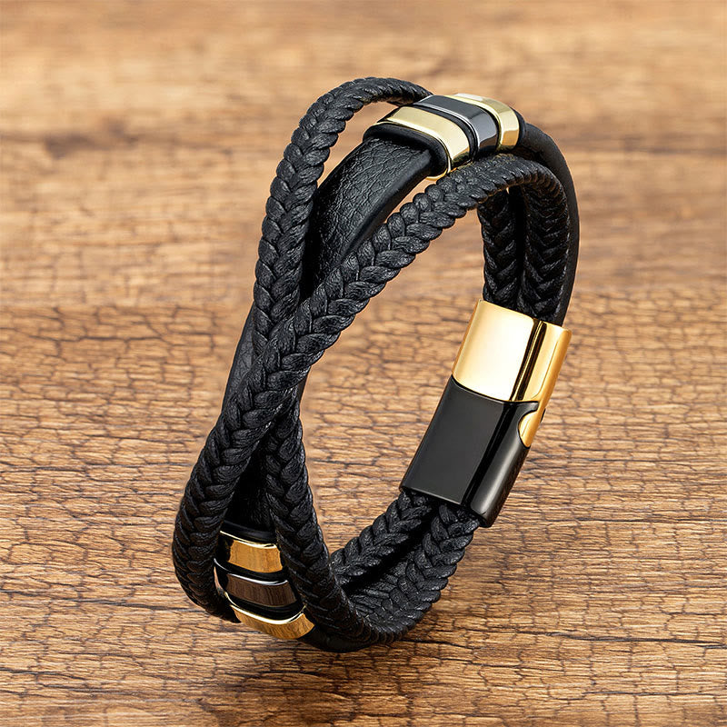 Buddha Stones Armband van leer met meerlaags kruisgeweven design, titanium en staal. - Zwart &amp; Goud - 18-22 cm - image 3
