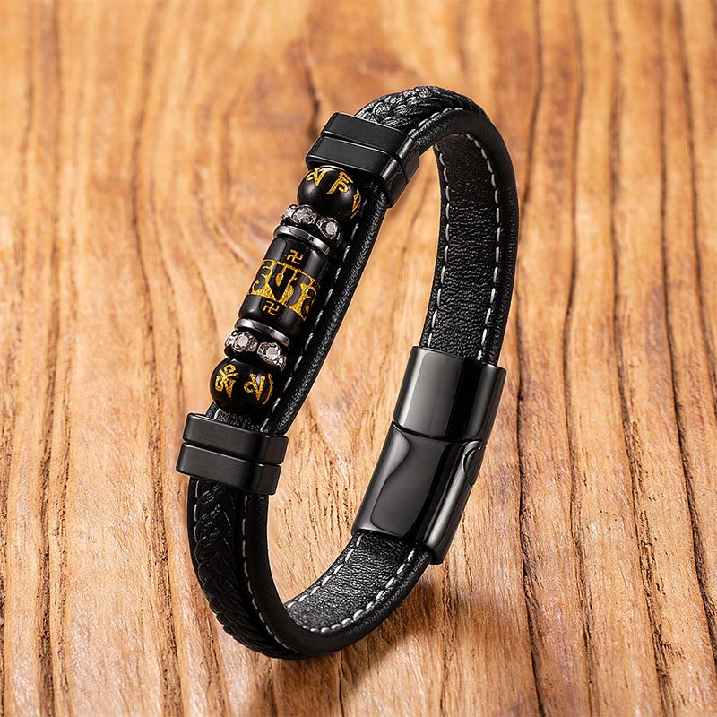 Buddha Stones Om Mani Padme Hum Drakensymbool Zwarte Onyx Lederen Titanium Stalen Balans Armband - Zwarte Onyx Om Mani Padme Hum, - 18-22 cm - image 0