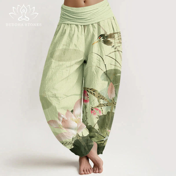 Buddha Stones Roze katoenen harembroek met lotusbladeren en vogelpatroon, elastische Taille . - Khaki - US22, UK/AU26, EU54 (6XL) - image 0