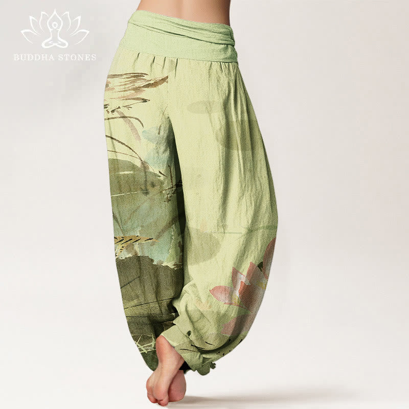 Buddha Stones Roze katoenen harembroek met lotusbladeren en vogelpatroon, elastische Taille . - image 1