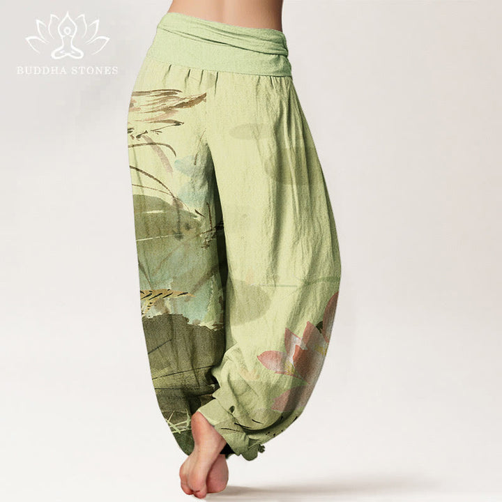 Buddha Stones Roze katoenen harembroek met lotusbladeren en vogelpatroon, elastische Taille . - image 1
