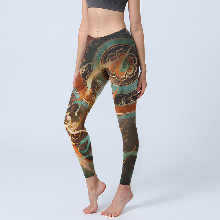 Buddha Stones Kleurrijke feeën-luit lint bloemen cirkel print gymlegging dames yogabroek - Zadelbruin - US18, UK/AU22, EU50 (4XL) - image 0