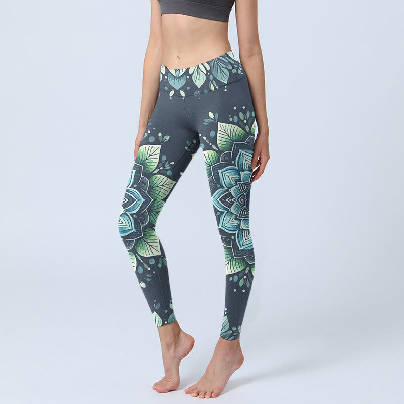 Buddha Stones Symmetrische Om-symbool bloemenprint sportlegging voor dames, yogabroek - Teal - US18, UK/AU22, EU50 (4XL) - image 0