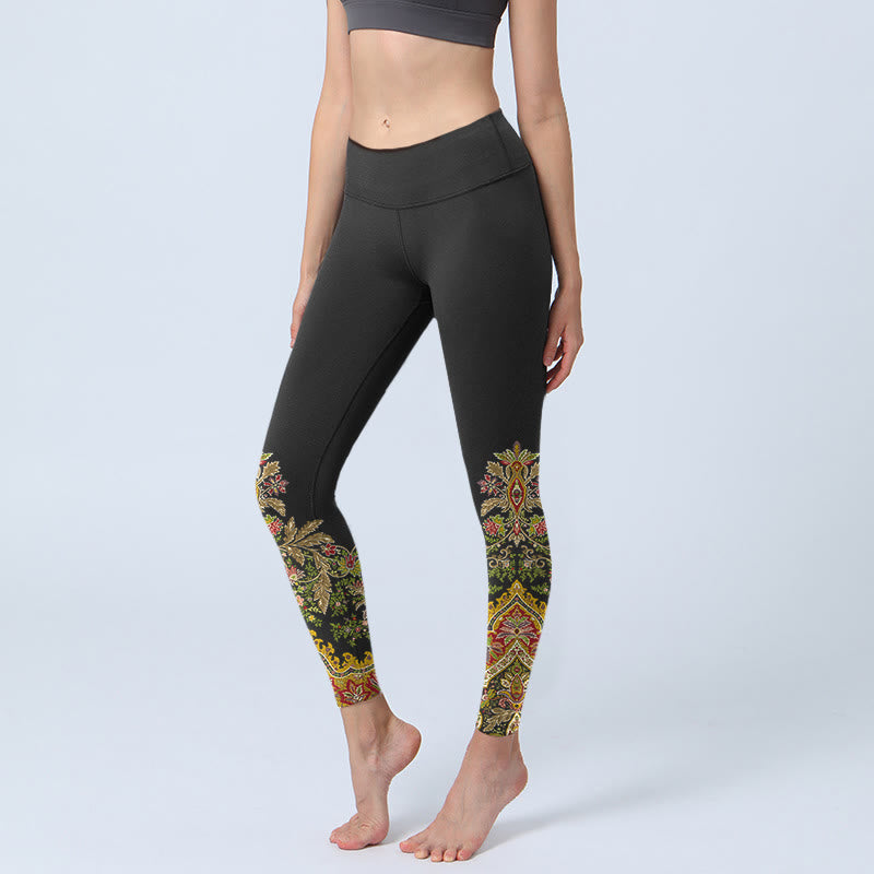Buddha Stones Sportlegging/yogabroek voor dames met delicate warme tinten en bloemen- en bladprint - Zwart - US18, UK/AU22, EU50 (4XL) - image 0