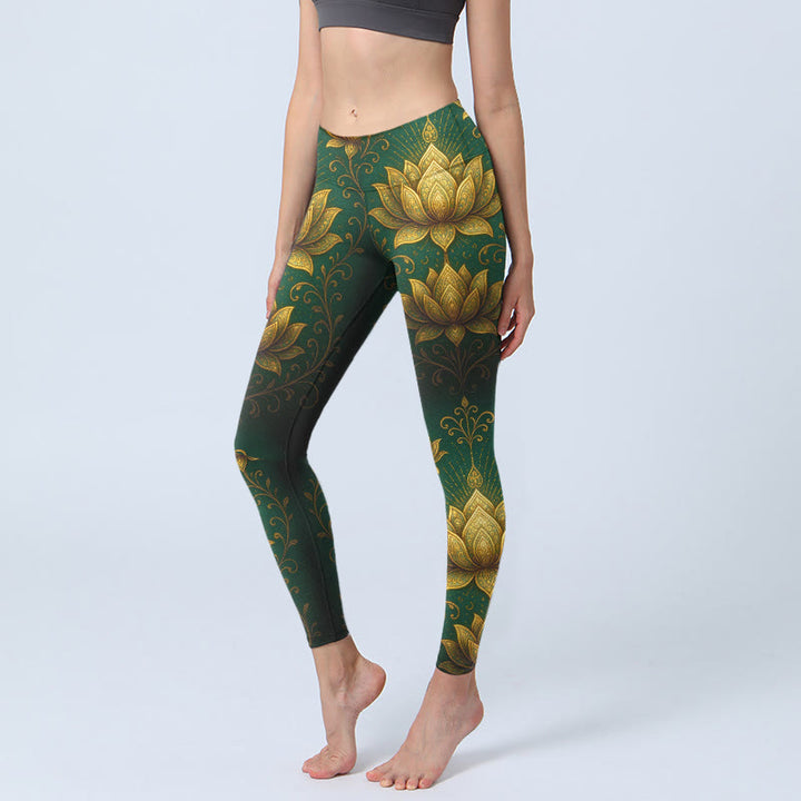 Buddha Stones Gymlegging/yogabroek voor dames met gouden lotusprint - Donkergroen - US18, UK/AU22, EU50 (4XL) - image 0