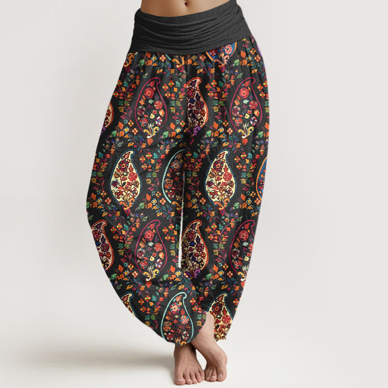 Buddha Stones Katoenen damesharembroek met elastische Taille en een retro bloemen- en bladerenpatroon in felle kleuren. - Zwart - US16, UK/AU20, EU48 (3XL) - image 0