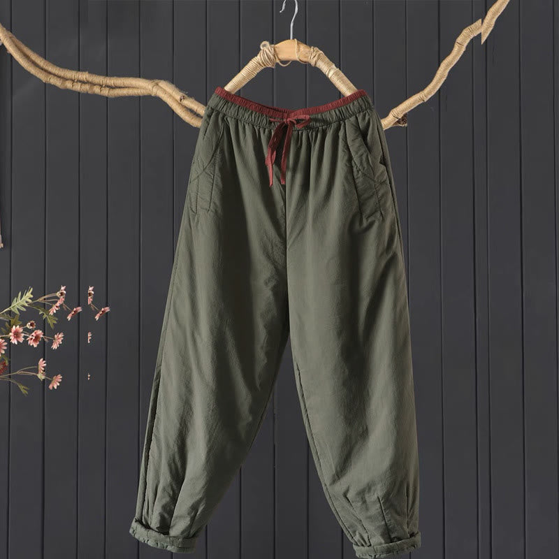 Buddha Stones Effen, kleurblokpatroon, dikke katoen-polyester damesbroek met Zakken - Donker olijfgroen - US12, UK/AU16, EU44 (3XL) - image 0