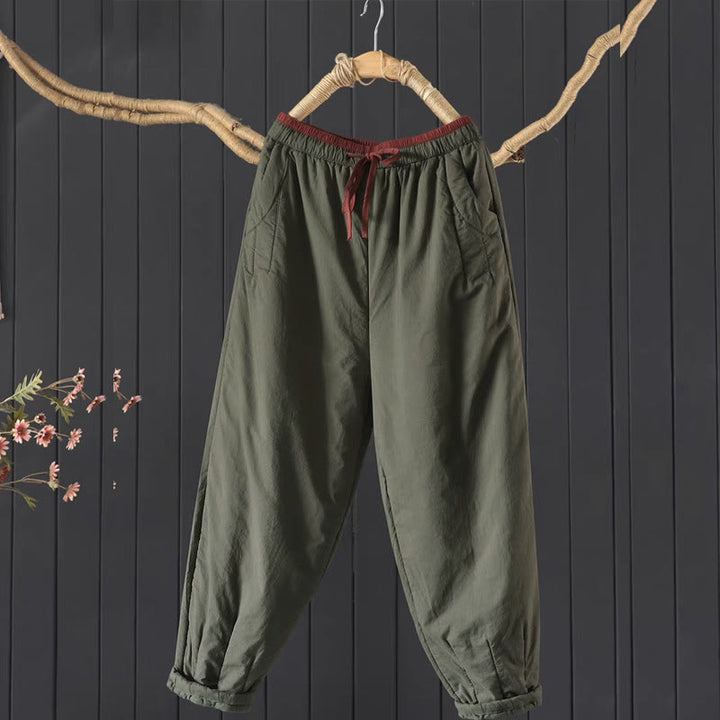 Buddha Stones Effen, kleurblokpatroon, dikke katoen-polyester damesbroek met Zakken - Donker olijfgroen - US12, UK/AU16, EU44 (3XL) - image 0