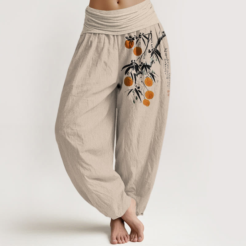 Buddha Stones Harembroek voor dames met elastische Taille , gemaakt van 100% Cotton met een felgekleurd fruittakkenpatroon. - Bruinen - US16, UK/AU20, EU48 (3XL) - image 0