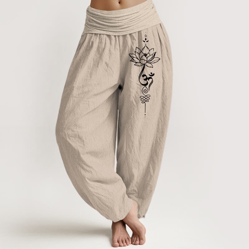 Buddha Stones Harembroek voor dames met elastische Taille , minimalistische stijl en lotus-Om-symboolpatroon. - Bruinen - US16, UK/AU20, EU48 (3XL) - image 11