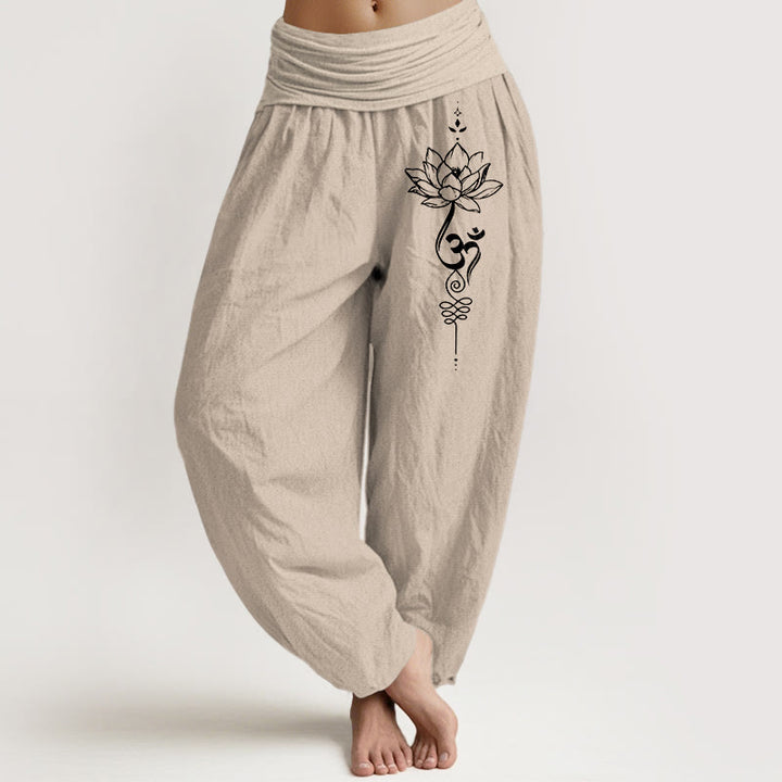 Buddha Stones Harembroek voor dames met elastische Taille , minimalistische stijl en lotus-Om-symboolpatroon. - Bruinen - US16, UK/AU20, EU48 (3XL) - image 11