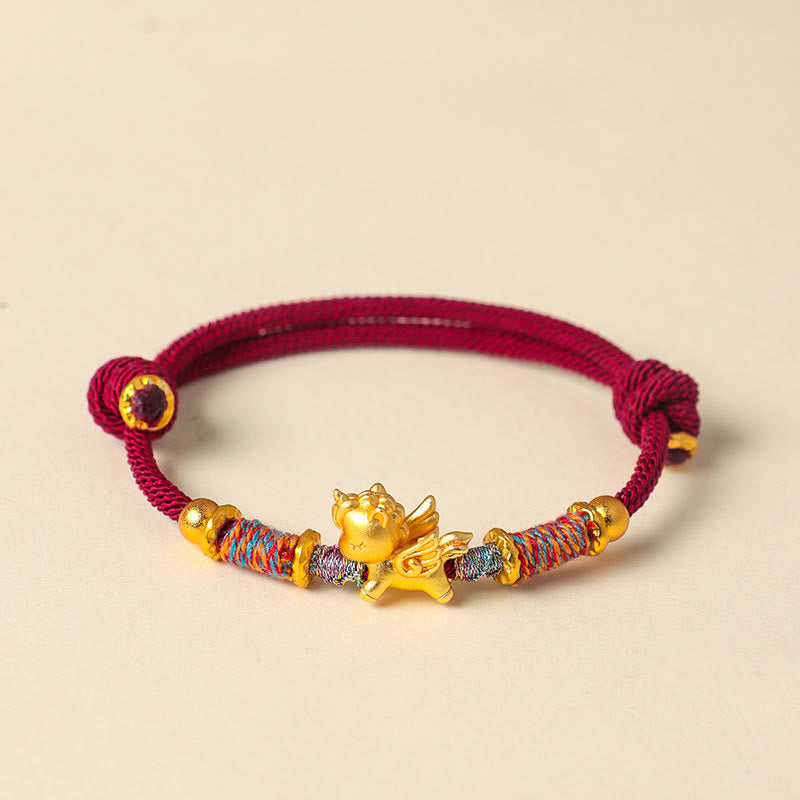 Buddha Stones Armband van gevlochten koord, verguld met 999 sterling zilver, geïnspireerd op het Jaar van het Paard. - Donkerrood touw (Polsomtrek: 15-18 cm) - image 1