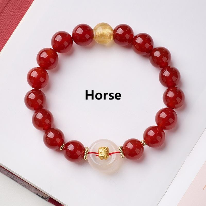 Buddha Stones Chinese dierenriem Jaar van het Paard Vredesgesp Rode Agaat Witte Chalcedoon Armband - image 1