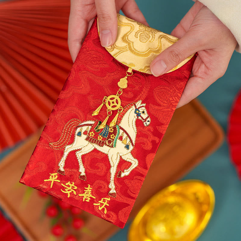 Buddha Stones Chinese rode envelop met borduurwerk: Vrede, Vreugde, Jaar van het Paard 2026, Nieuwjaar - image 2