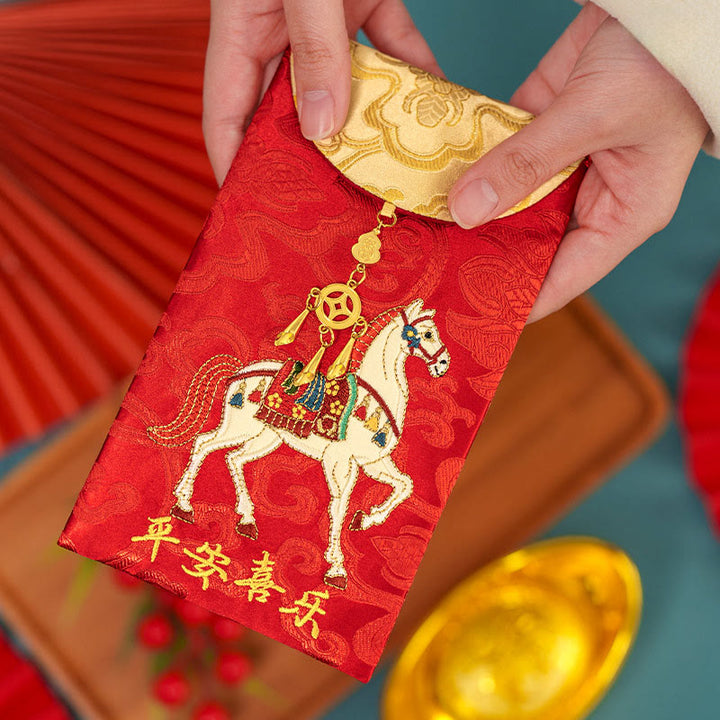 Buddha Stones Chinese rode envelop met borduurwerk: Vrede, Vreugde, Jaar van het Paard 2026, Nieuwjaar - image 2