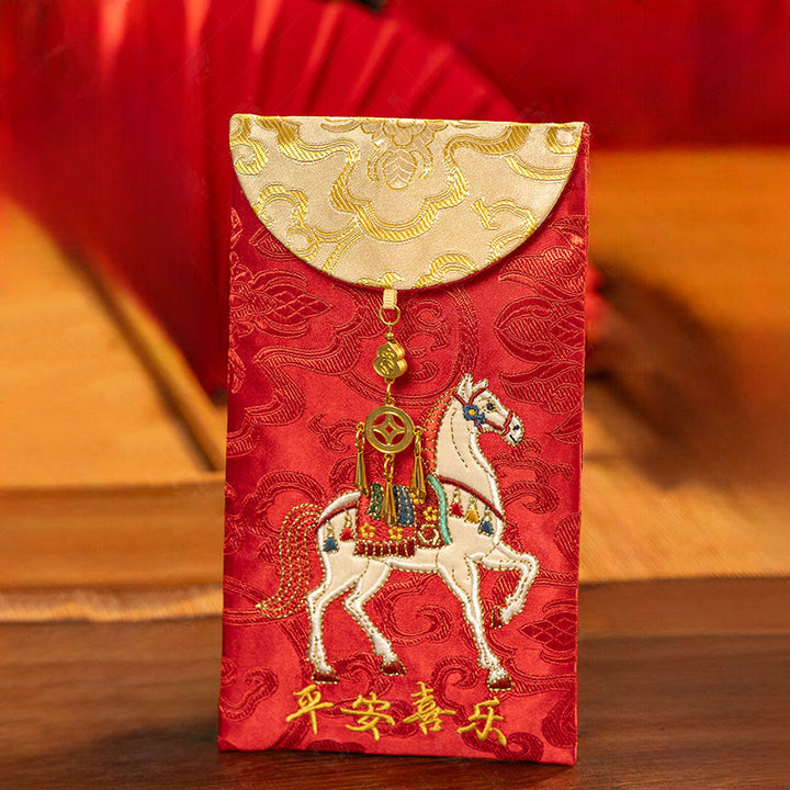 Buddha Stones Chinese rode envelop met borduurwerk: Vrede, Vreugde, Jaar van het Paard 2026, Nieuwjaar - image 3