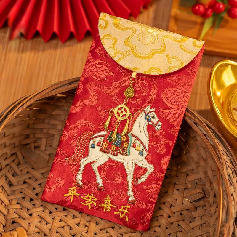 Buddha Stones Chinese rode envelop met borduurwerk: Vrede, Vreugde, Jaar van het Paard 2026, Nieuwjaar - image 1