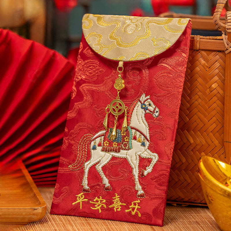 Buddha Stones Chinese rode envelop met borduurwerk: Vrede, Vreugde, Jaar van het Paard 2026, Nieuwjaar - Paardenrode envelop - image 0