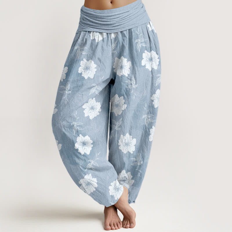 Buddha Stones Harembroek voor dames met elastische Taille van 100% Cotton , wit met bloemen en grasprint. - Licht Hemelsblauw - US16, UK/AU20, EU48 (3XL) - image 0