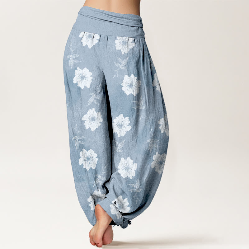 Buddha Stones Harembroek voor dames met elastische Taille van 100% Cotton , wit met bloemen en grasprint. - image 1