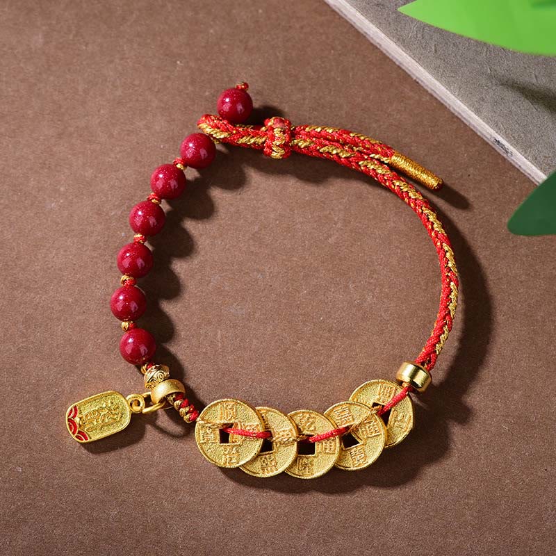 Buddha Stones Vijf Keizersmunten Koper Amethist Cinnaber Zwart Rood Touw Balans Aantrek Geluk Armband - Koperkleurig cinnaberrood touw (Polsomtrek: 16-19 cm) - image 0
