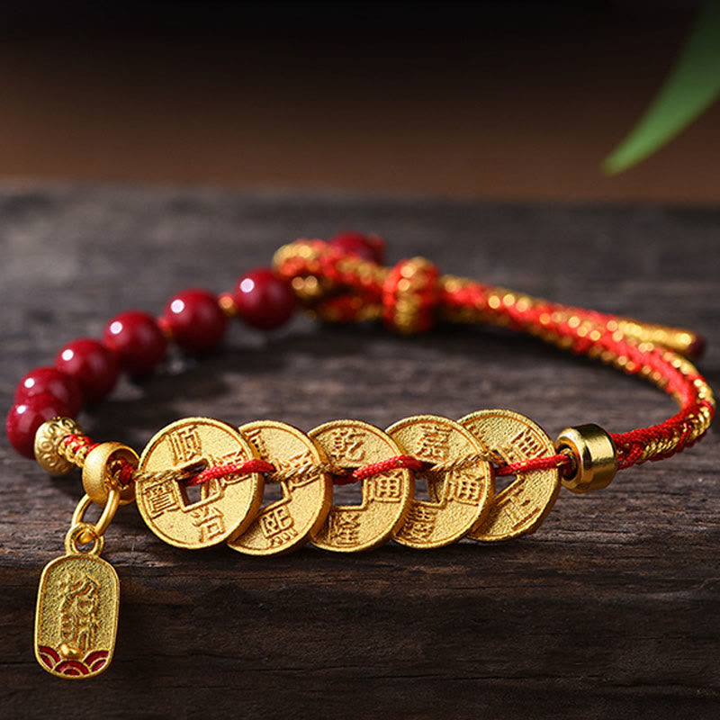 Buddha Stones Vijf Keizersmunten Koper Amethist Cinnaber Zwart Rood Touw Balans Aantrek Geluk Armband - image 1