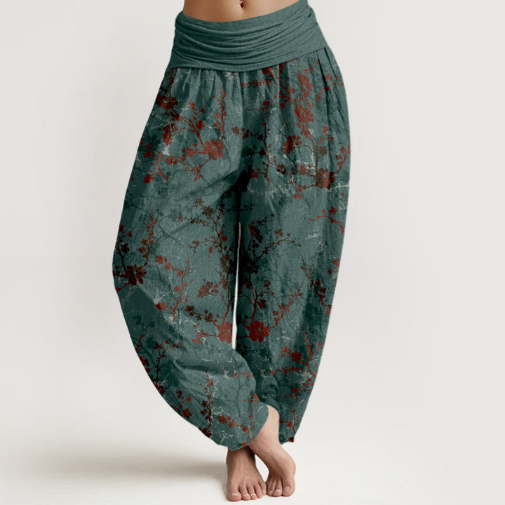 Buddha Stones Harembroek voor dames met elastische Taille , gemaakt van 100% Cotton met bloeiende bloemen, takken en bladeren. - CadetBlue - US16, UK/AU20, EU48 (3XL) - image 0