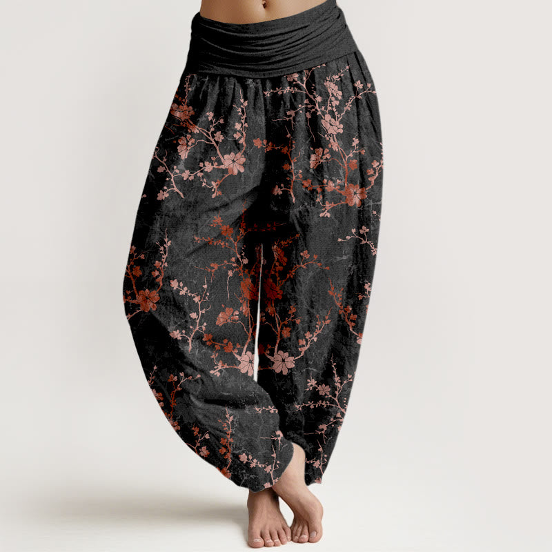 Buddha Stones Harembroek voor dames met elastische Taille , gemaakt van 100% Cotton met bloeiende bloemen, takken en bladeren. - Zwart - US16, UK/AU20, EU48 (3XL) - image 5